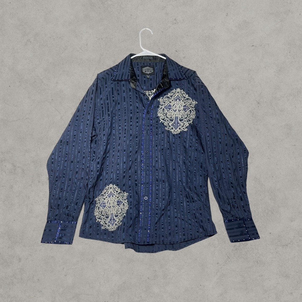 Montero Jeans Mens Navy Blue Embroidered Cross Button Down Shirt Rhinestone M